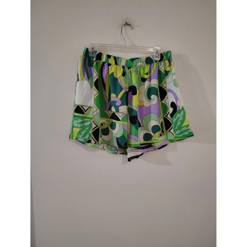 Boohoo Retro Psychedelic Swirl Print Shorts Green Purple US 10 Elastic Waist